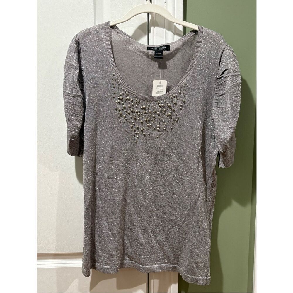 august silk Silver Sparkle Scoop Neck Short Sleeve Top with Beaded Detail
